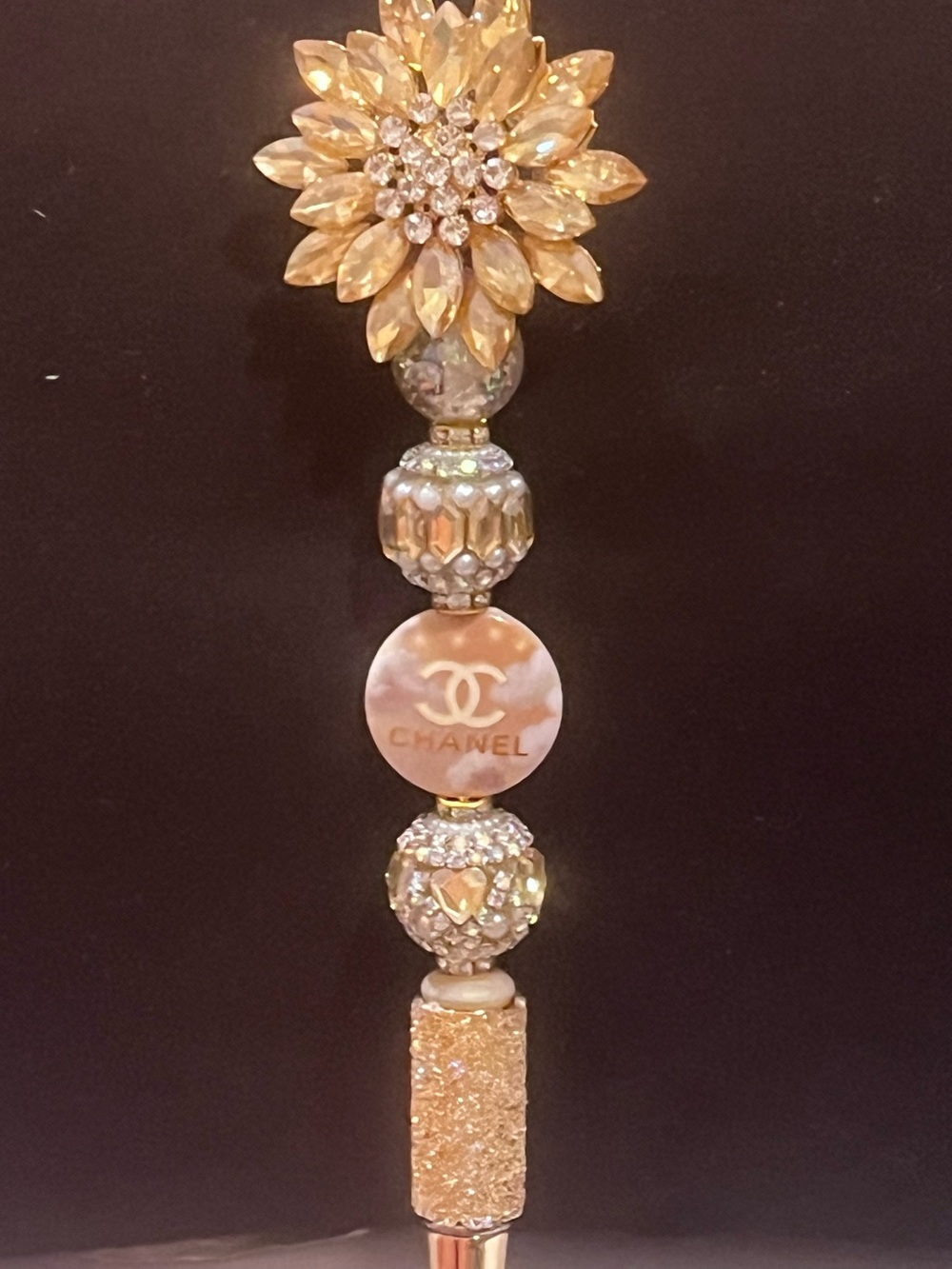 Designer inspired Gold-Tone Pearl & Crystal Flower focal fancy beaded pen